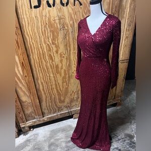 Glamorous Long Sleeve Burgundy Sequin Dress